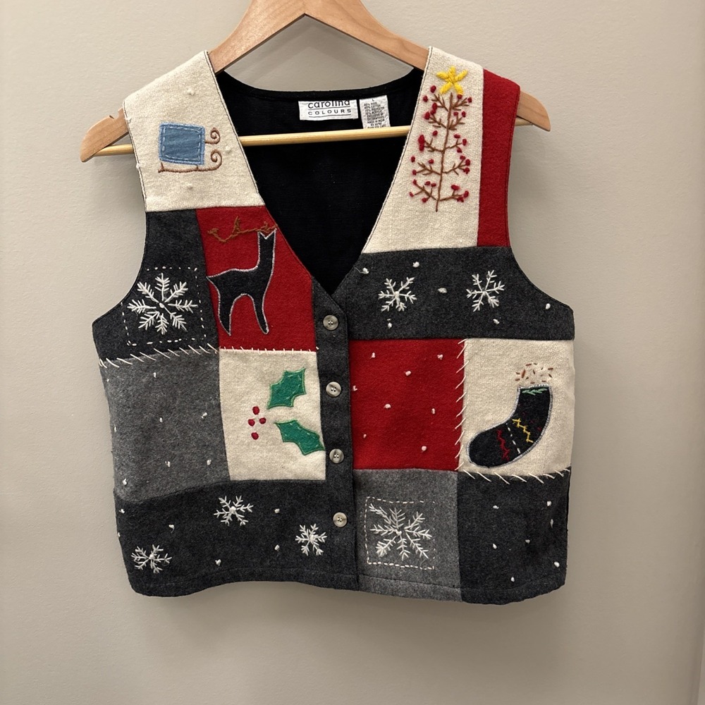 VINTAGE - CHRISTMAS CAROLINA colors vest Snowflakes deer Felt Wool Blend  L